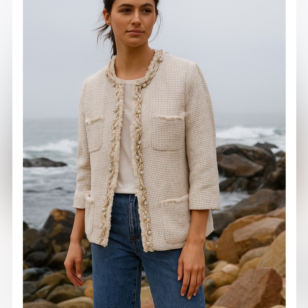 STUNNING Lafayette 148 Silk Blend Ivory Tweed wood beaded jacket sz 6 price firm